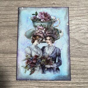 Original ACEO Art Card Tea Time Victorian Women & Roses